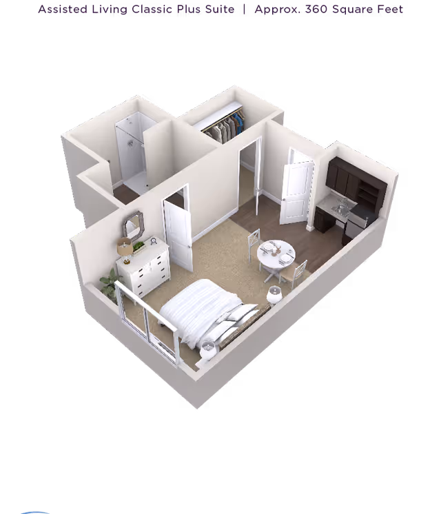 3D floor plan of a studio apartment showing a bed area, dresser, small dining table, kitchenette, closet, and bathroom.