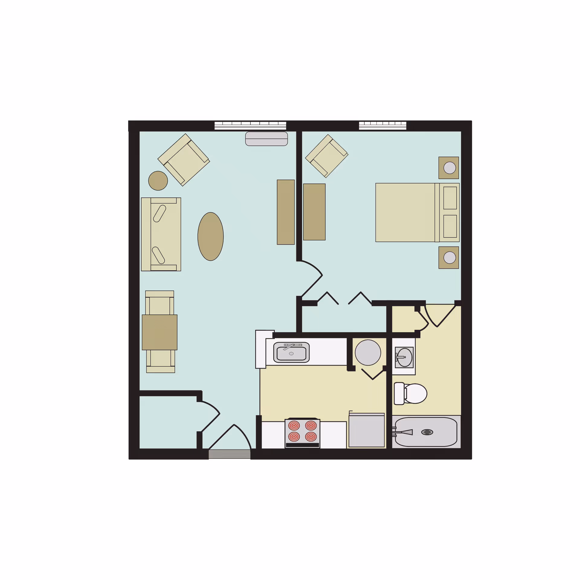 Floor plan of a one-bedroom apartment featuring a living room with sofa, armchairs, coffee table, and dining table; a bedroom with a bed, nightstands, and an armchair; a kitchen with stove, sink, and refrigerator; and a bathroom with a bathtub, toilet, and sink.