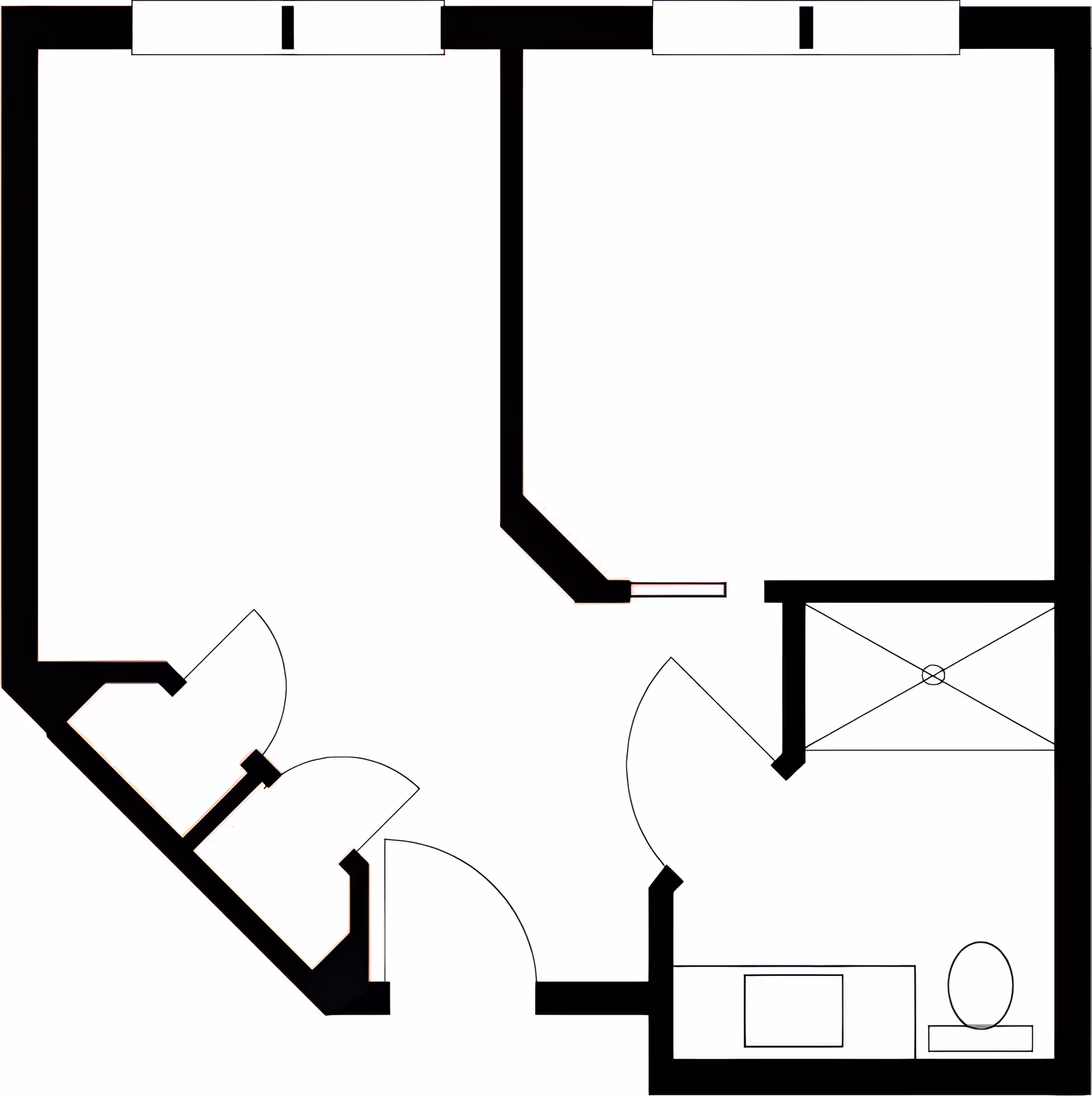Architectural floor plan of a small living space including a bathroom with a toilet and shower, a main room, and two smaller rooms or closets. The layout shows door placements and wall thicknesses.
