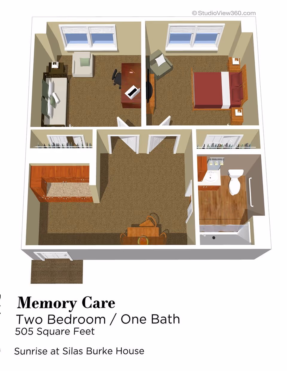3D floor plan of a memory care unit with two bedrooms and one bathroom. The layout includes a living area with a sofa, chair, and desk, two separate bedrooms each with a bed and nightstands, a bathroom with a toilet, sink, and shower, a kitchen area with cabinets and countertop, and a dining area with a table and chairs.
