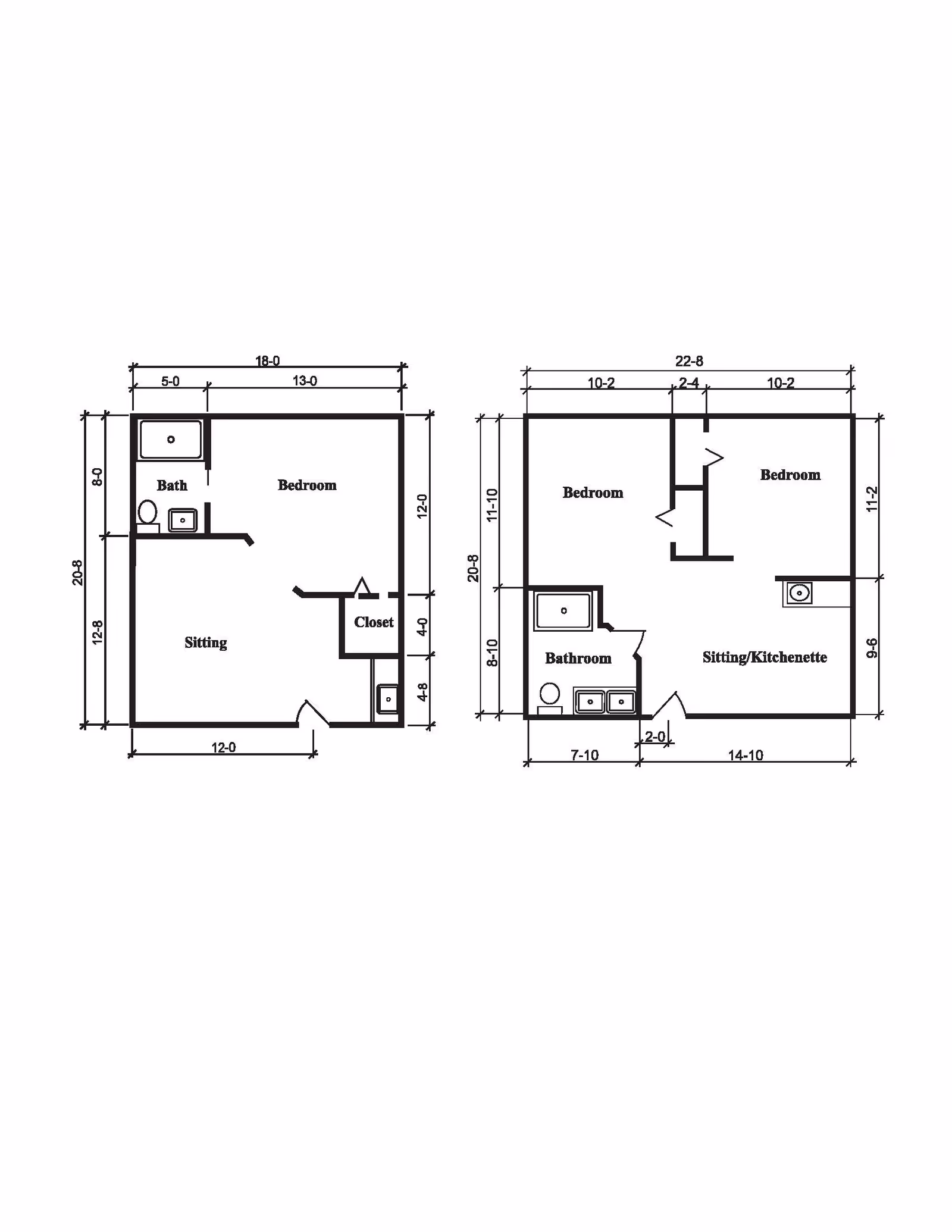 Architectural floor plan showing two apartment layouts. The left layout includes a bedroom, bath, sitting area, and closet. The right layout includes two bedrooms, a bathroom, and a sitting/kitchenette area. Dimensions are marked for each room and overall layout.
