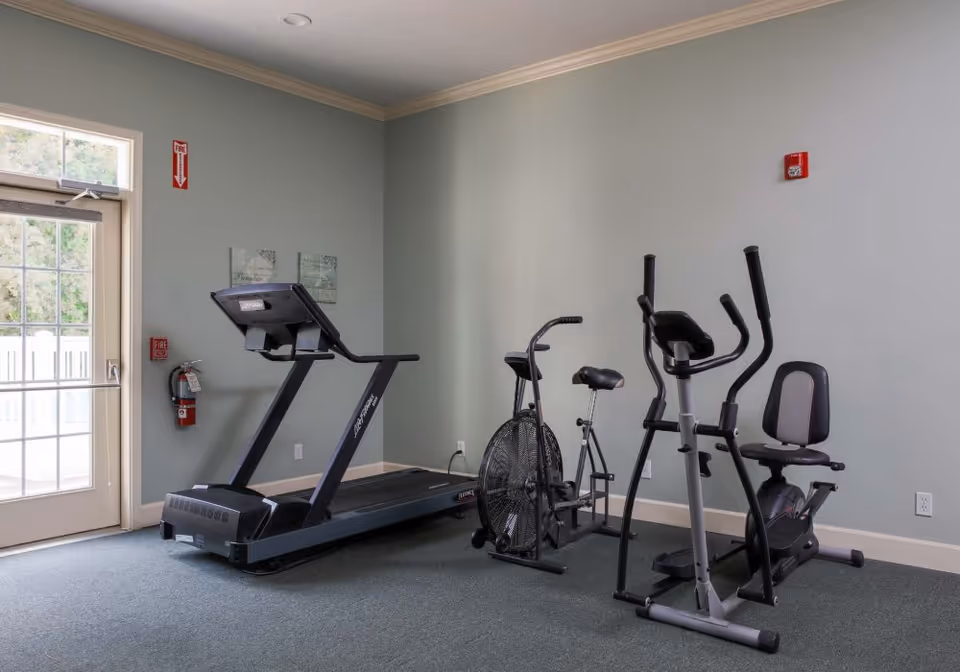 Small fitness room with a treadmill, stationary bikes, and an elliptical against a pale green wall near a glass door.