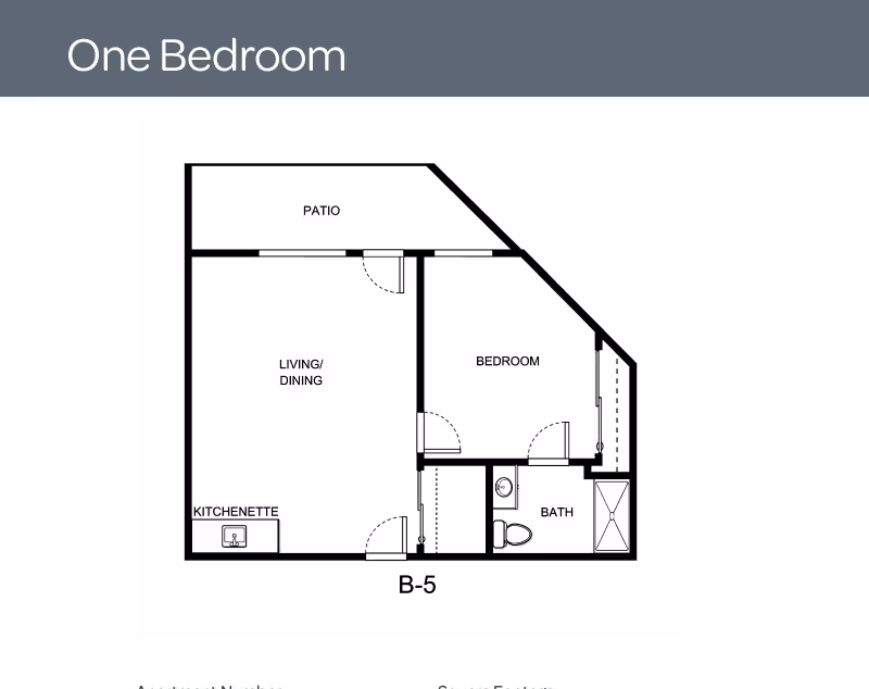 Black-and-white one-bedroom floor plan labeled B-5 showing a living/dining area, kitchenette, bedroom, bathroom, and patio.