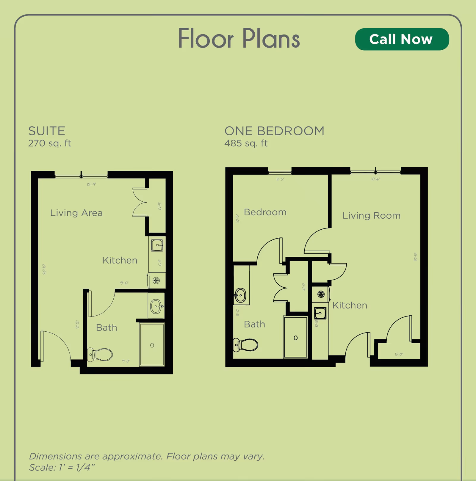 Floor plans for Angels Senior Living at New Tampa showing two layouts: a Suite with 270 sq. ft. including a living area, kitchen, and bath; and a One Bedroom with 485 sq. ft. including a bedroom, living room, kitchen, and bath. Dimensions and scale are noted.