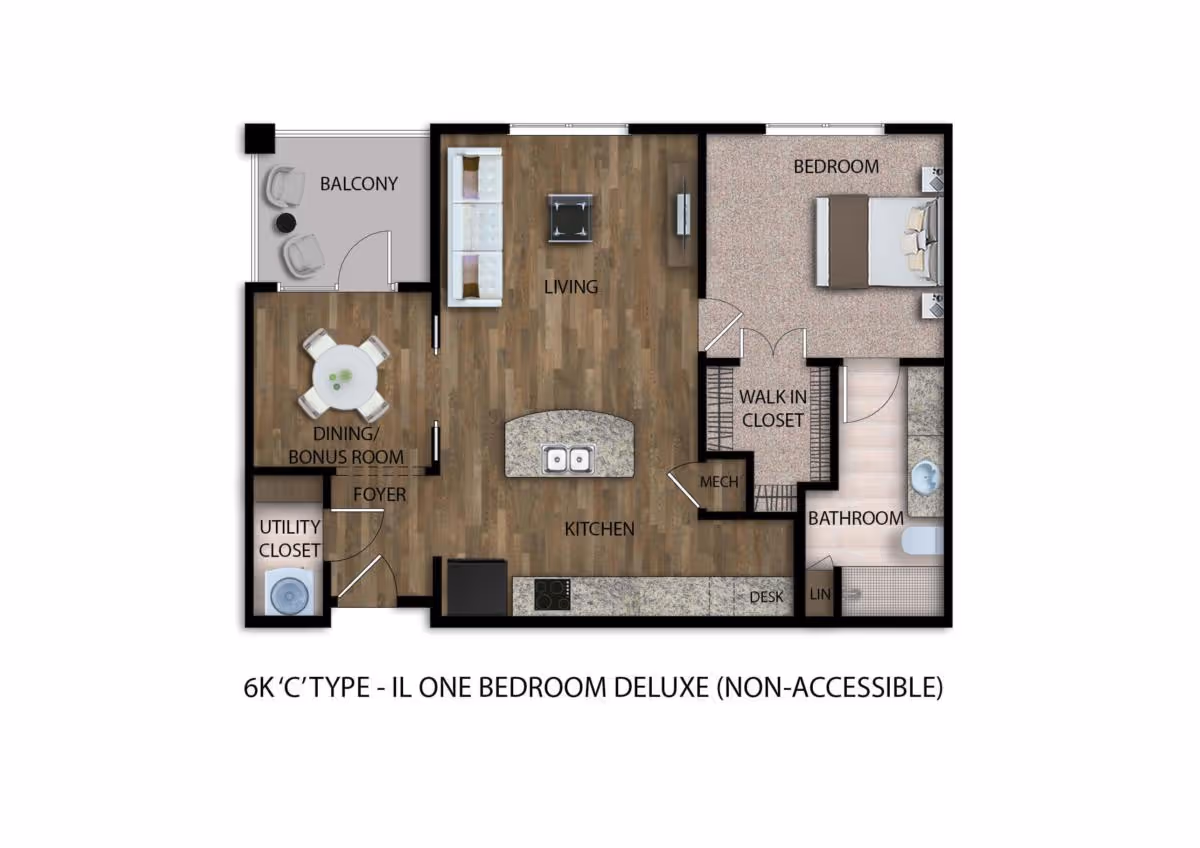 Floor plan of a one-bedroom deluxe apartment showing a balcony with two chairs and a small table, a dining/bonus room with a round table and four chairs, a utility closet, a living area with a sofa and TV, a kitchen with an island and desk, a bedroom with a bed and two nightstands, a walk-in closet, and a bathroom with a bathtub and sink.