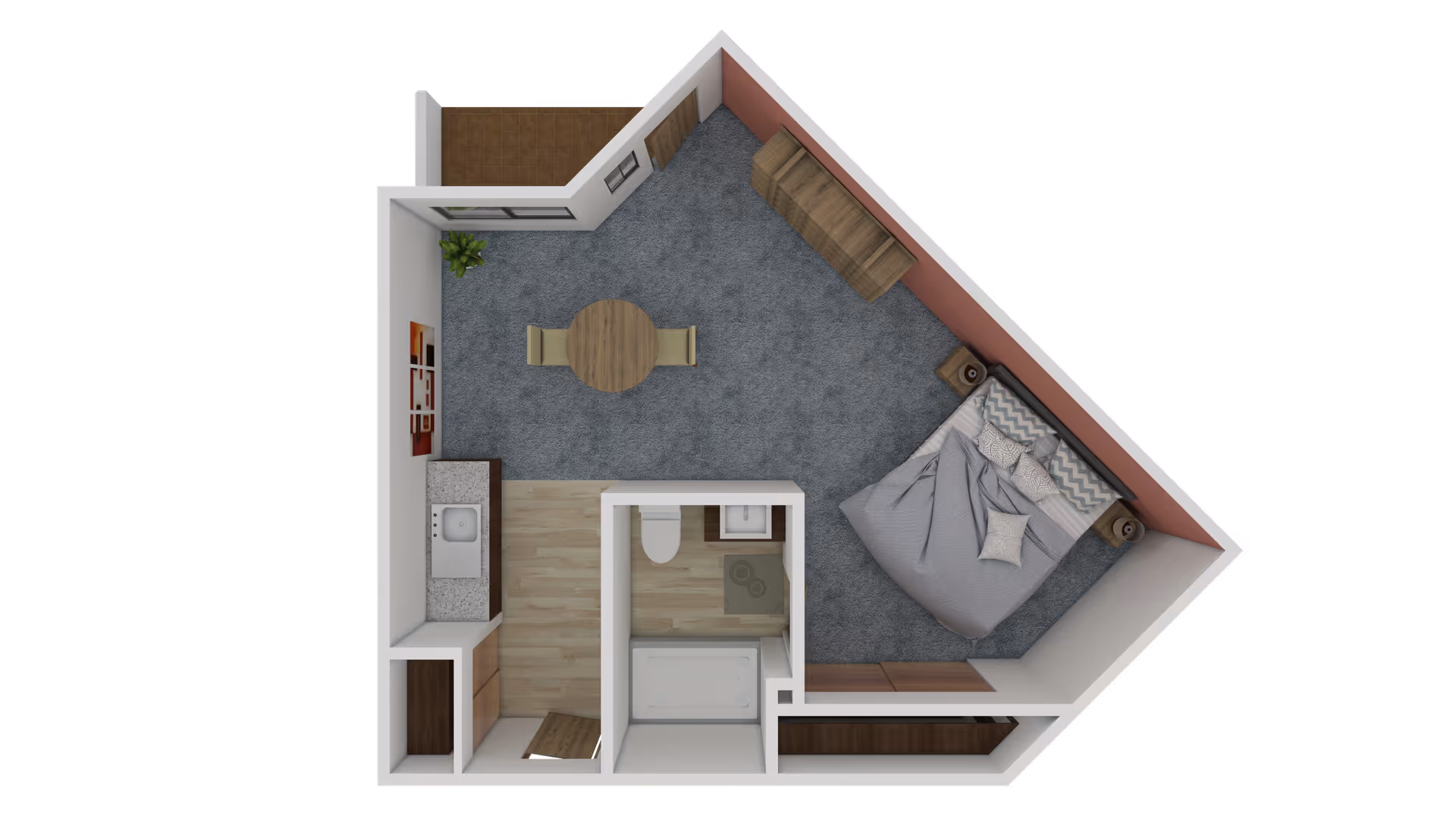 3D floor plan of a senior living studio apartment featuring a sleeping area with a bed and nightstands, a small dining area with a round table and two chairs, a kitchenette with a sink and stove, and a bathroom with a toilet and bathtub. The apartment has carpeted and wooden flooring and some furniture including a dresser and a plant near the window.