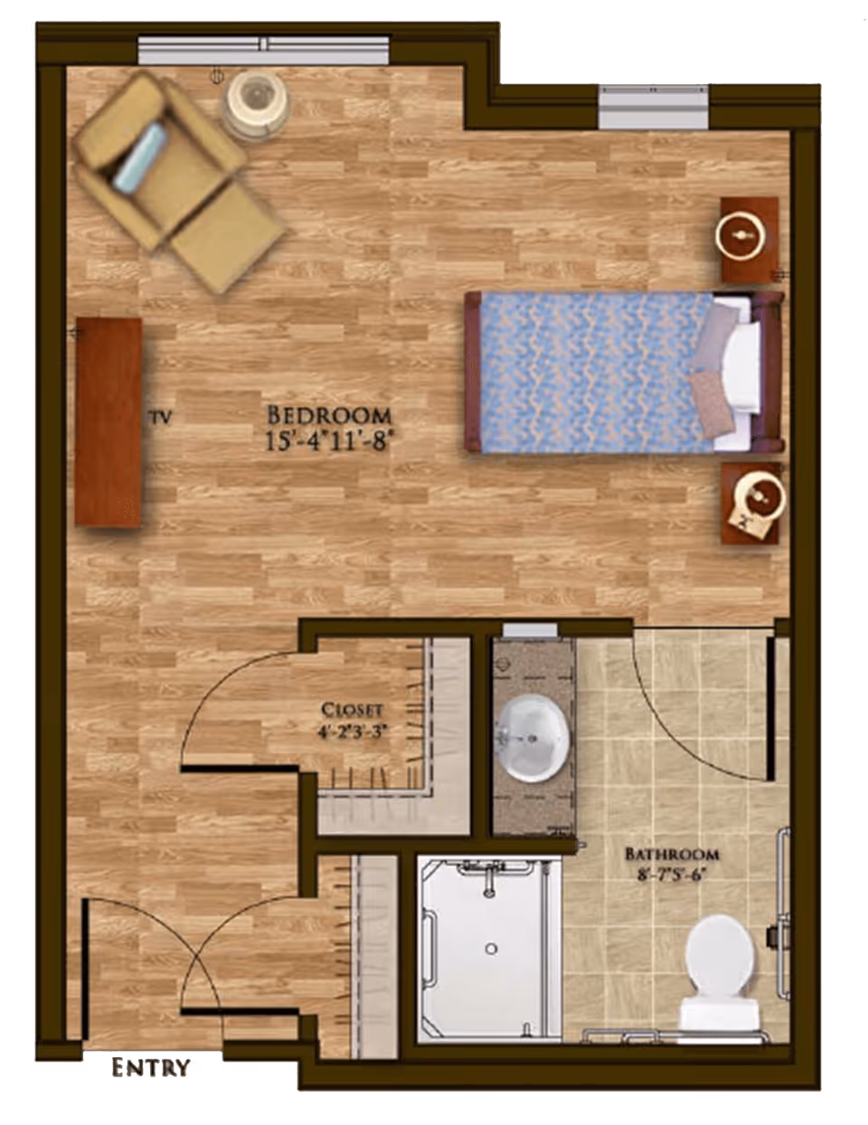 Floor plan of a senior living unit at Harmony at Brentwood showing a bedroom with a bed, two nightstands, a chair, a TV, a closet, and an attached bathroom with a sink, toilet, and shower.