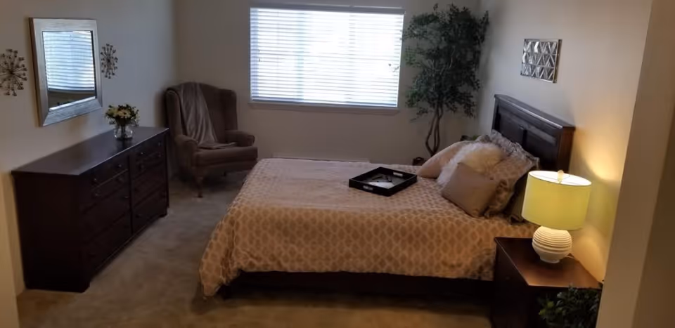 A cozy bedroom with a large bed covered in a patterned beige bedspread and multiple pillows. There is a dark wooden headboard, a nightstand with a lit lamp, and a dresser with a mirror above it. A comfortable armchair with a throw blanket is placed near a window with blinds. A tall green plant is in the corner, and the walls are decorated with simple wall art.