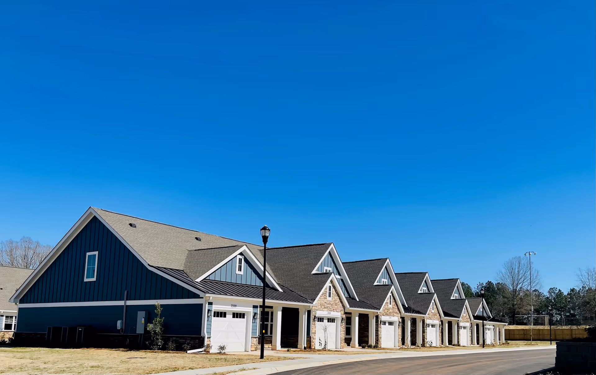 Row of modern single-story residential buildings with garages under a clear blue sky, featuring a street lamp and some trees in the background.