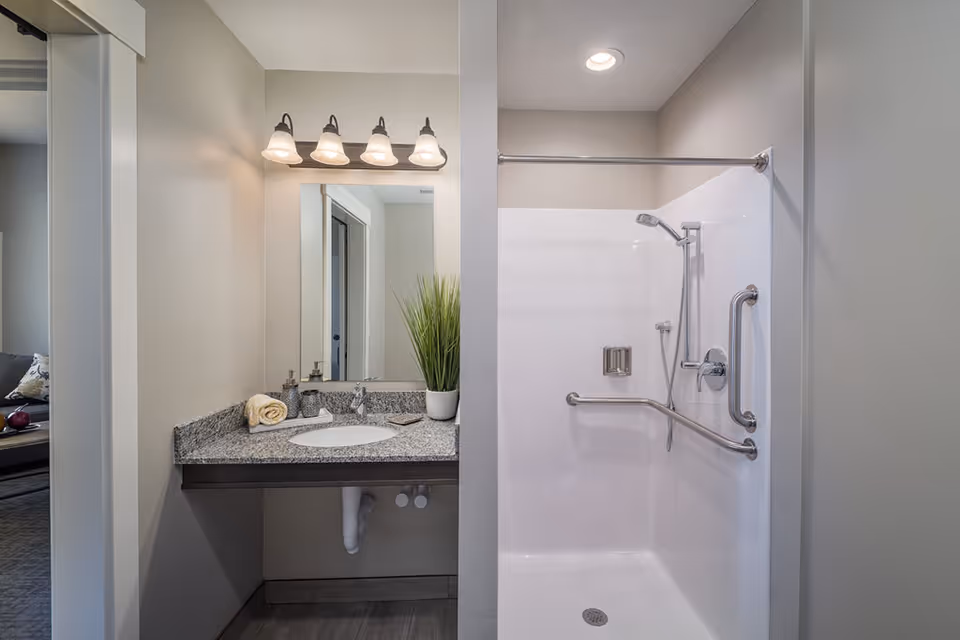 A bathroom with a granite countertop sink on the left and a walk-in shower with grab bars and a handheld showerhead on the right. The sink area has a mirror with four light fixtures above it, a rolled towel, soap dispenser, and a potted plant. The walls are painted light beige and the floor has gray tiles.