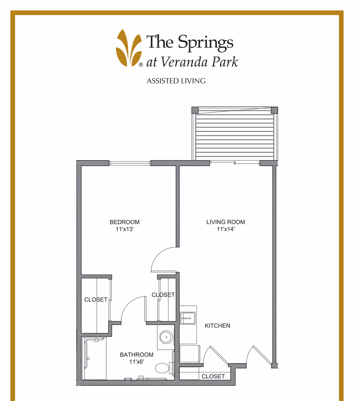 Floor plan of an assisted living unit at The Springs at Veranda Park showing a bedroom measuring 11 by 13 feet, a living room measuring 11 by 14 feet, a kitchen area, a bathroom measuring 11 by 6 feet, and multiple closets.