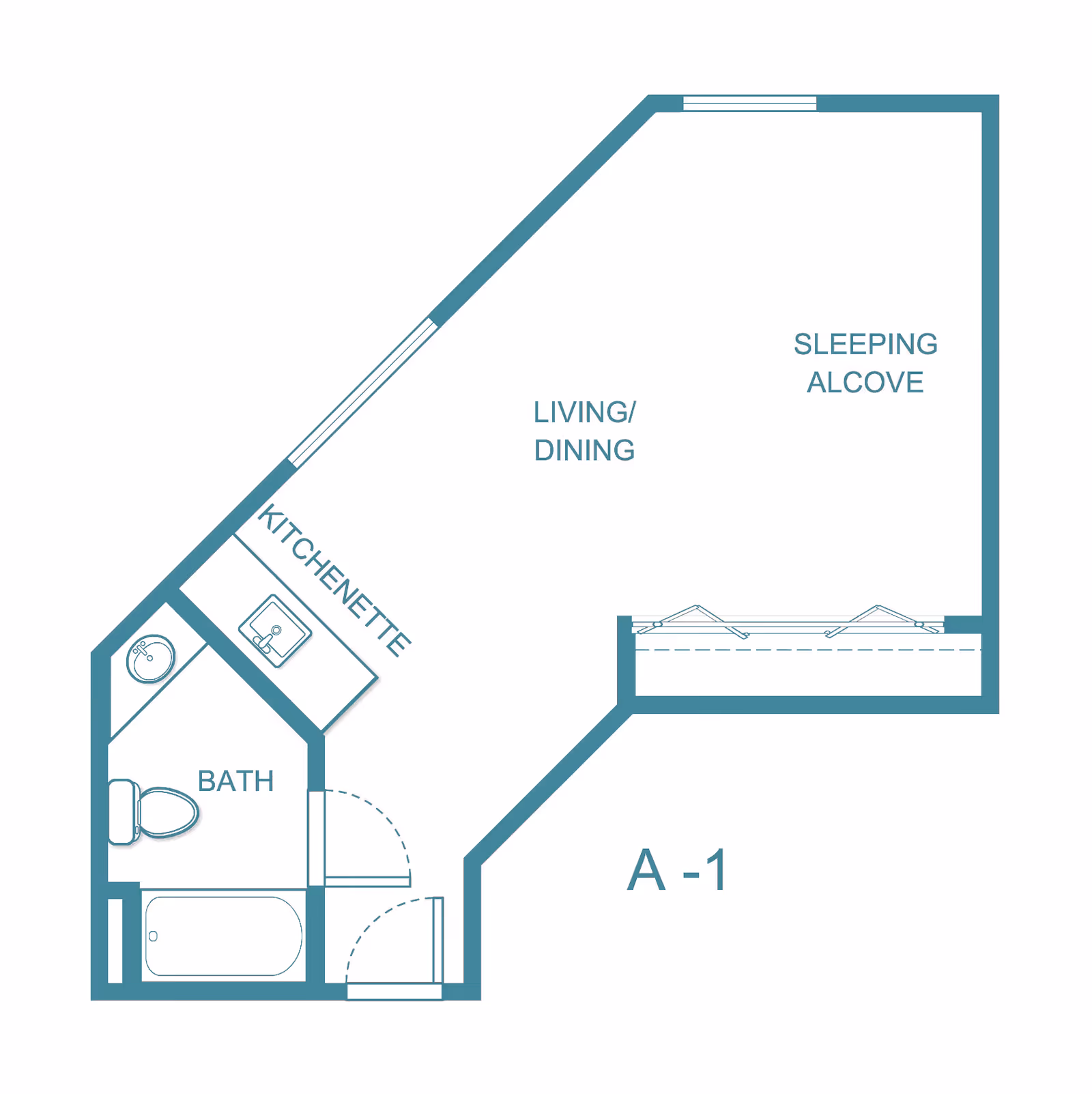 Floor plan layout of a senior living unit labeled A-1, showing a sleeping alcove, living/dining area, kitchenette, and a bathroom with a toilet, sink, and bathtub.