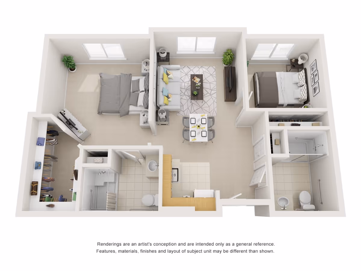 3D floor plan of an apartment unit showing two bedrooms, a living room with a sofa and TV, a dining area with a table and four chairs, a kitchen with a sink and appliances, and two bathrooms with showers and toilets. The bedrooms have beds and nightstands, and there is a walk-in closet adjacent to one bedroom.