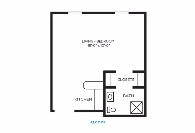 Floor plan layout of a studio apartment labeled as Alcove, showing a combined living-bedroom area measuring 18 feet by 10 feet, a kitchen area, closets, and a bathroom with a toilet, sink, and shower.