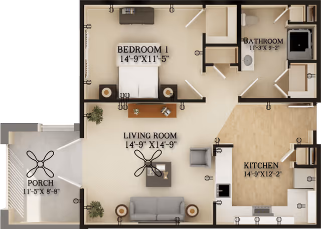 Floor plan of a senior living unit at Harmony at Brookberry Farm showing a bedroom, living room, kitchen, bathroom, and porch with dimensions labeled for each area.