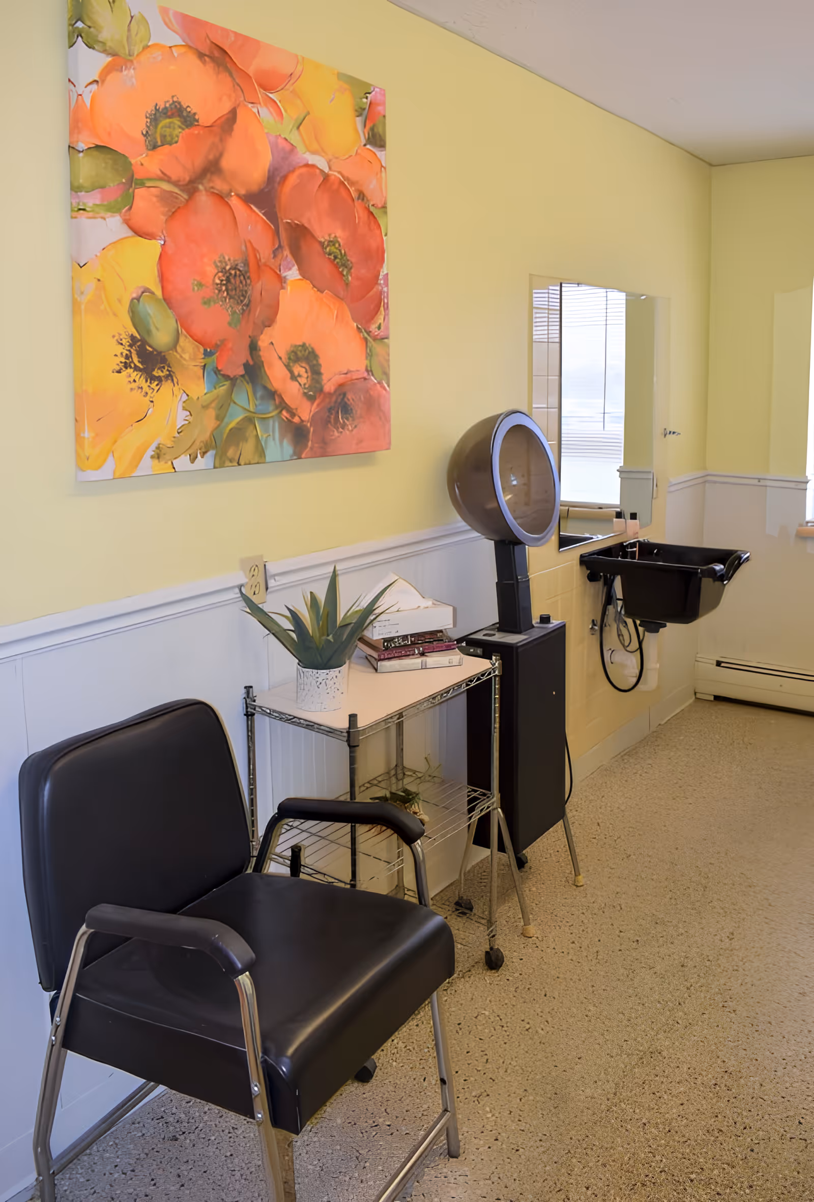 Interior of a hair salon area with a black salon chair, a hair dryer hood, a small metal cart with books and a potted plant, a black sink with a mirror above it, and a large colorful floral painting on a yellow wall.