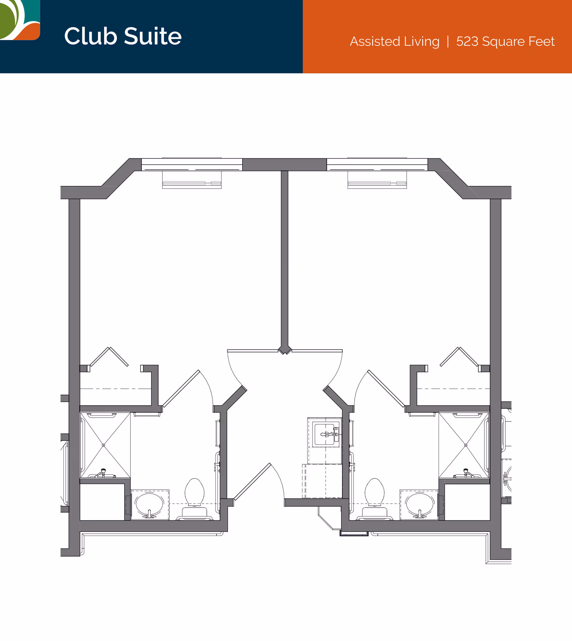 Architectural floor plan of a Club Suite assisted living unit measuring 523 square feet, showing two separate living areas each with a bathroom, closets, and a shared central entry area with a kitchenette.