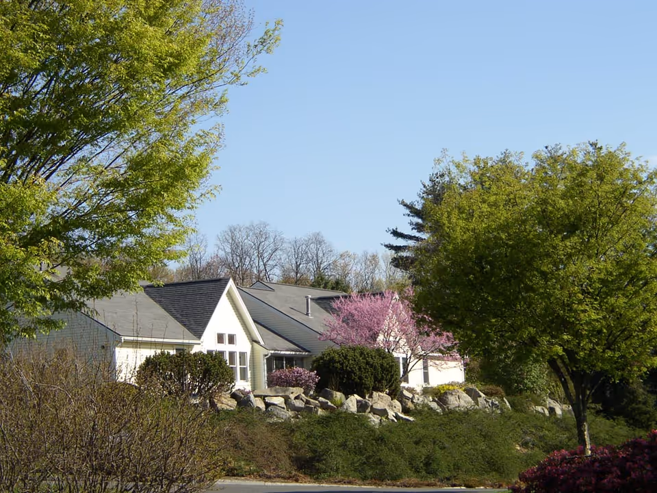 Single-story building with pitched roofs partially hidden by green trees, shrubs, and landscaped rocks under a clear blue sky.