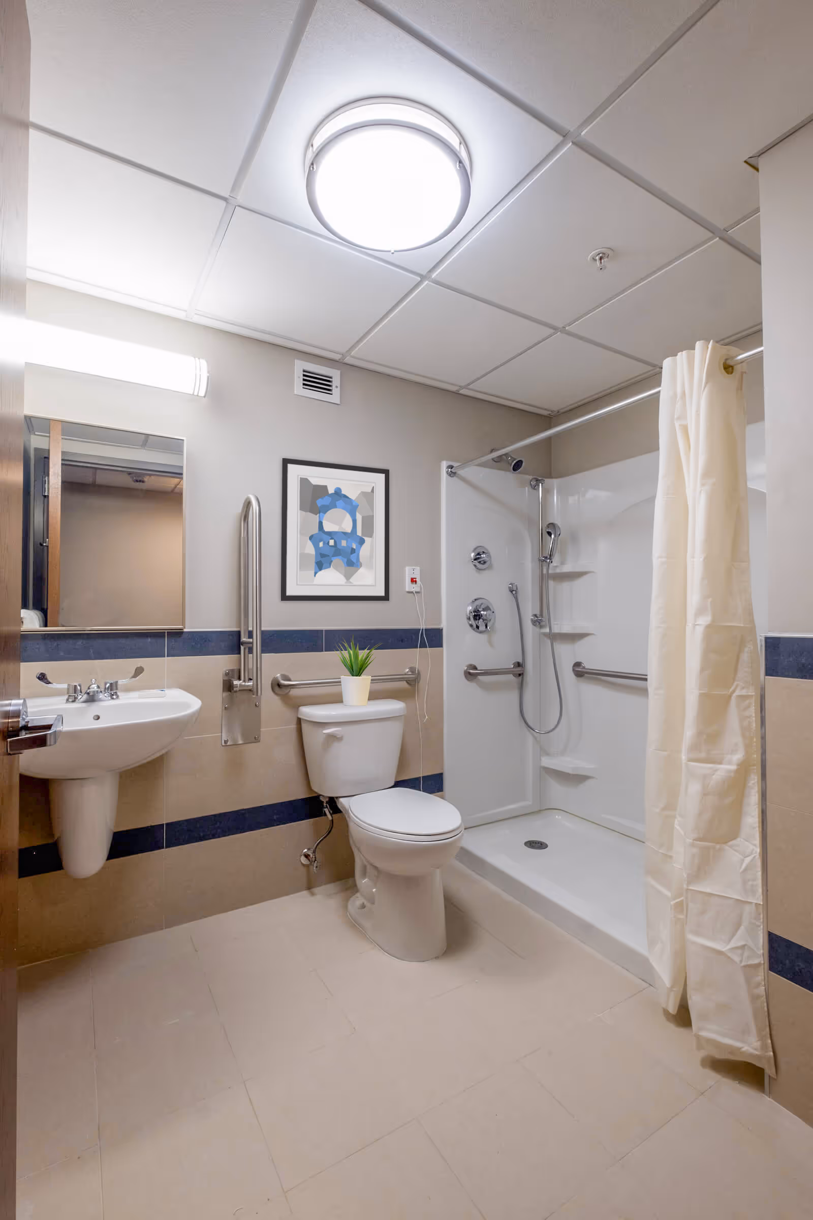 A clean and accessible bathroom with a white toilet, pedestal sink, and a walk-in shower with a curtain. The walls have beige and blue tiles, and there is a framed abstract artwork above the toilet. A small potted plant is placed on the toilet tank. The bathroom has grab bars for accessibility and a ceiling light fixture.