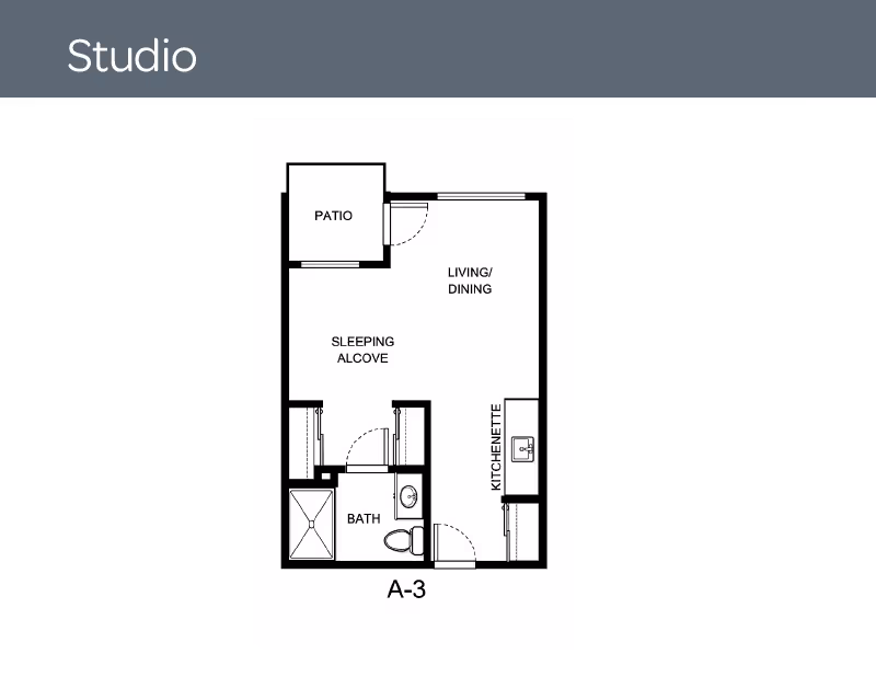 Floor plan of a studio apartment labeled A-3, showing a patio, living/dining area, sleeping alcove, kitchenette, and bathroom.
