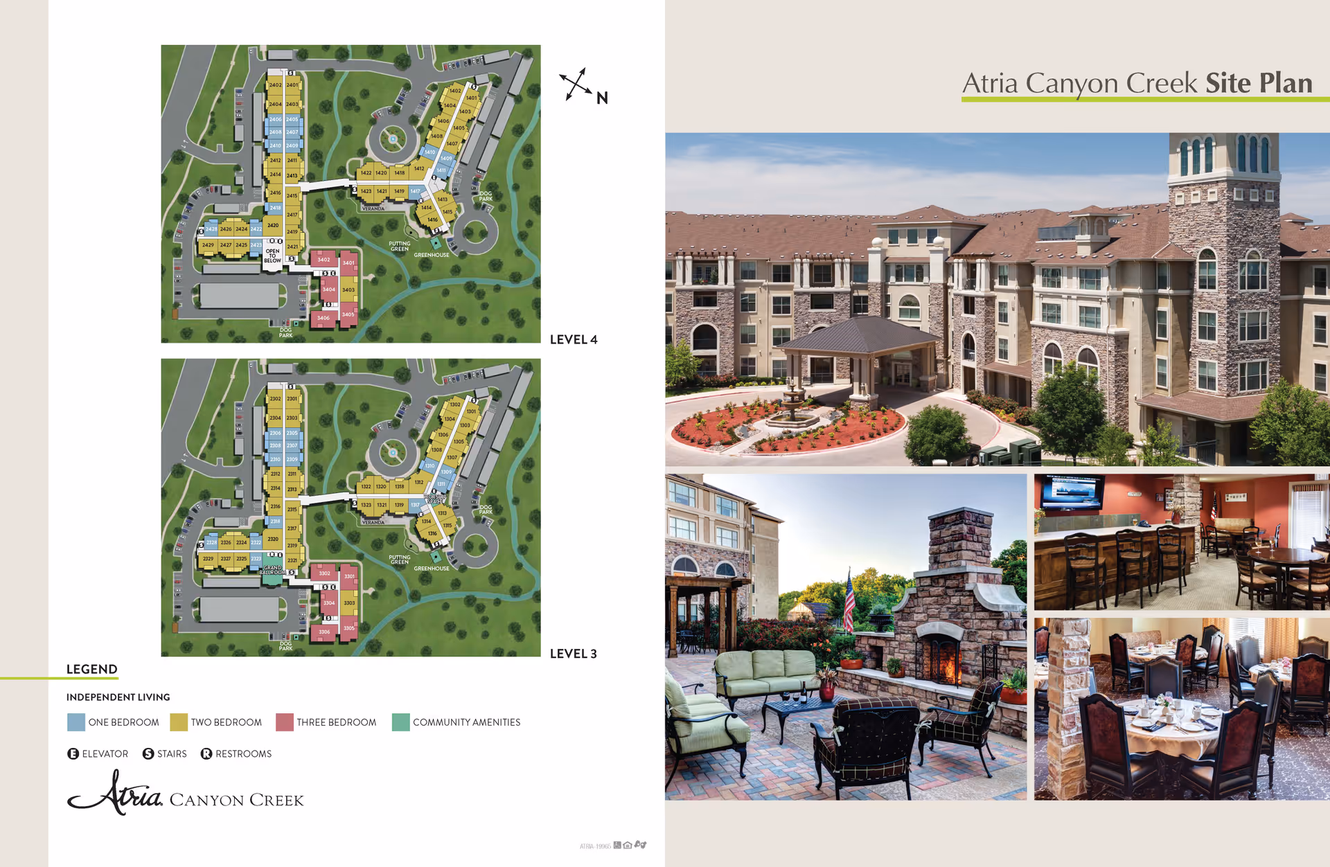 Atria Canyon Creek site plan showing level 3 and level 4 layouts with color-coded independent living units and community amenities. The right side features images of the facility including the front exterior with a circular driveway and fountain, an outdoor patio with seating and a stone fireplace, a dining area with tables and chairs, and a lounge area with a bar and seating.