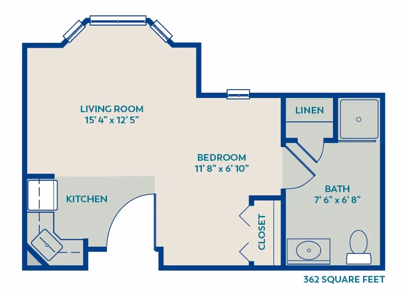 Floor plan of a living space at Buckner Parkway Place showing a living room measuring 15 feet 4 inches by 12 feet 5 inches, a kitchen area, a bedroom measuring 11 feet 8 inches by 6 feet 10 inches, a bathroom measuring 7 feet 6 inches by 6 feet 8 inches, a linen closet, and a closet. The total area is 362 square feet.