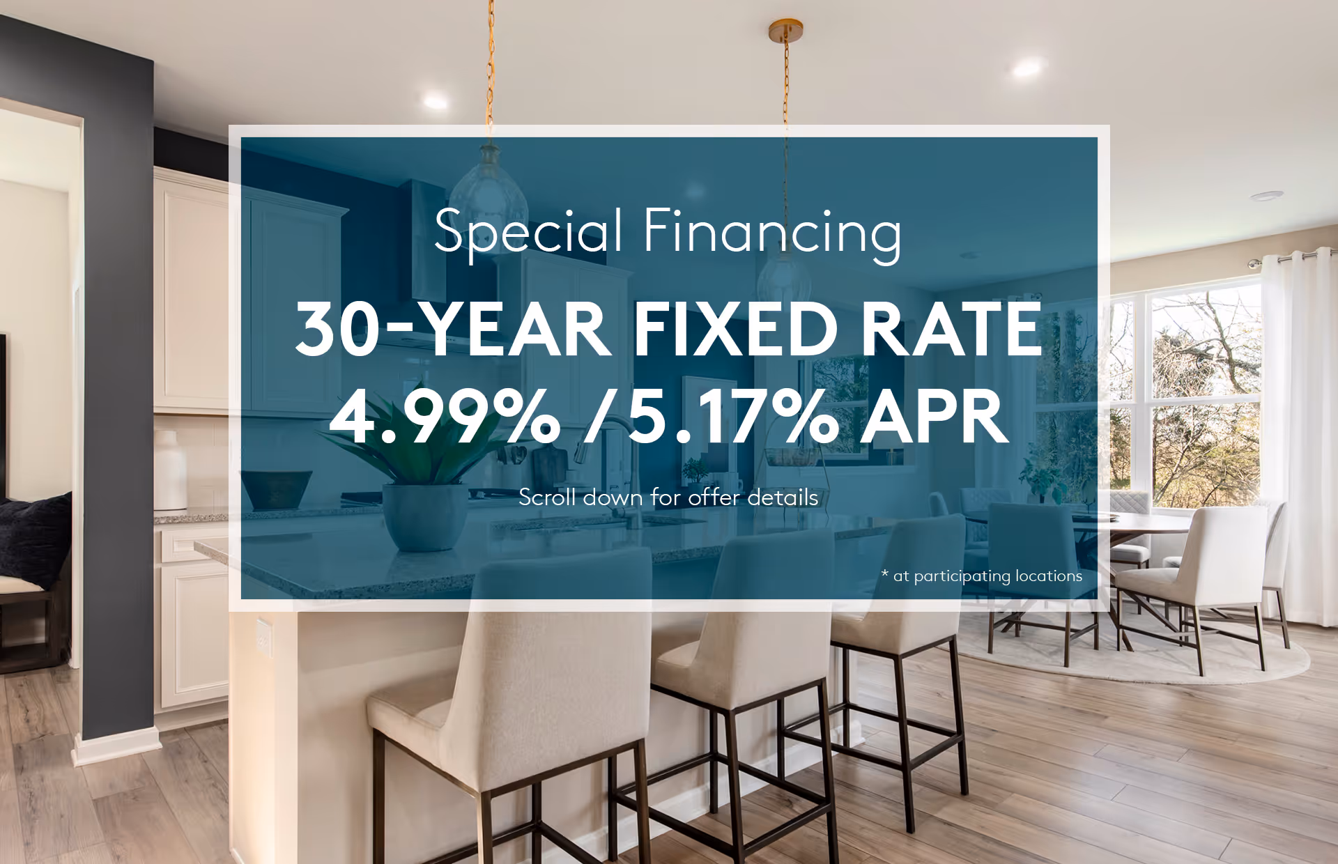 Modern open kitchen and dining area with light wood flooring, white cabinetry, a kitchen island with bar stools, pendant lighting, and large windows letting in natural light.