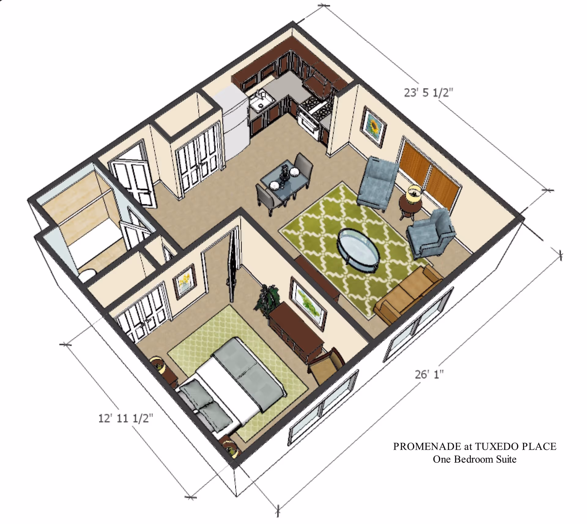 3D floor plan of a one-bedroom suite at Promenade at Tuxedo Place showing a bedroom with a bed and nightstands, a living room with chairs, a sofa, a coffee table, and a dining table with two chairs, and a kitchen area with appliances and cabinets. The bathroom is adjacent to the bedroom. Dimensions of the suite are also shown.