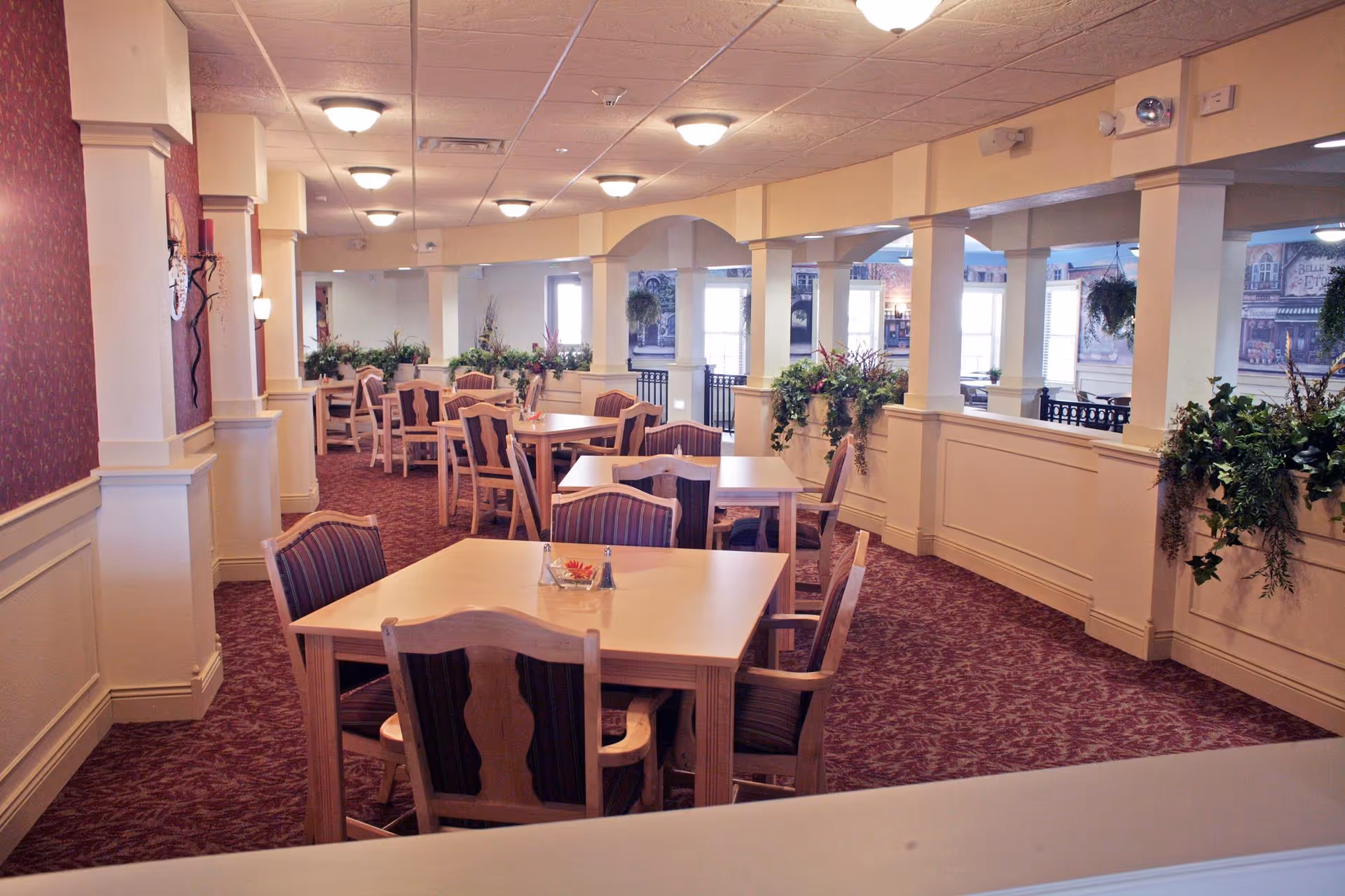 A bright carpeted dining area with multiple wooden tables and chairs, decorative columns, and potted plants.