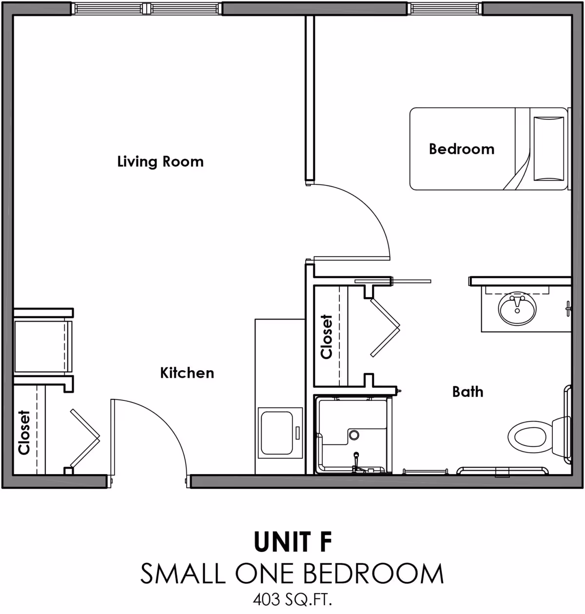 Black-and-white floor plan labeled 'Unit F Small One Bedroom 403 SQ.FT.' showing a living room, kitchen, bedroom, bathroom, closets and fixtures.