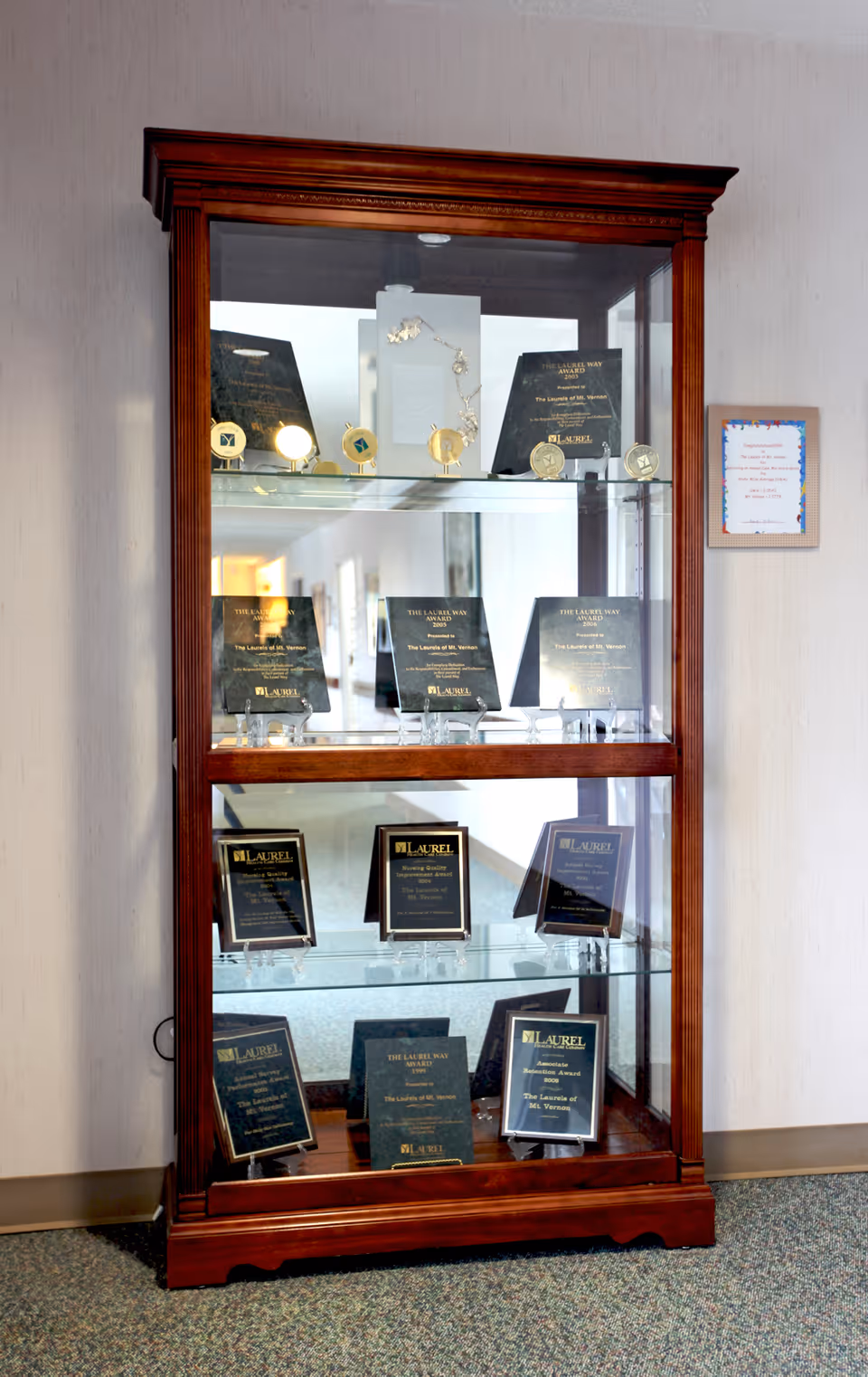A wooden display cabinet with glass doors containing multiple awards and plaques, located indoors against a light-colored wall with a framed certificate hanging to the right.