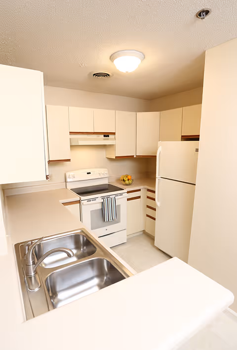 Compact L-shaped kitchen with white cabinets, a refrigerator and stove, a double sink in the foreground, and a bowl of fruit on the counter.