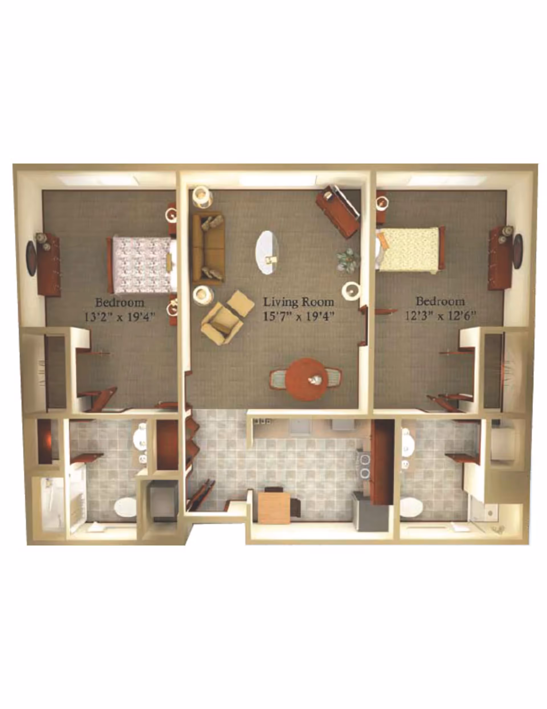 Top-down floor plan of a two-bedroom apartment showing a central living room, kitchen, two bedrooms and two bathrooms with room dimensions labeled.