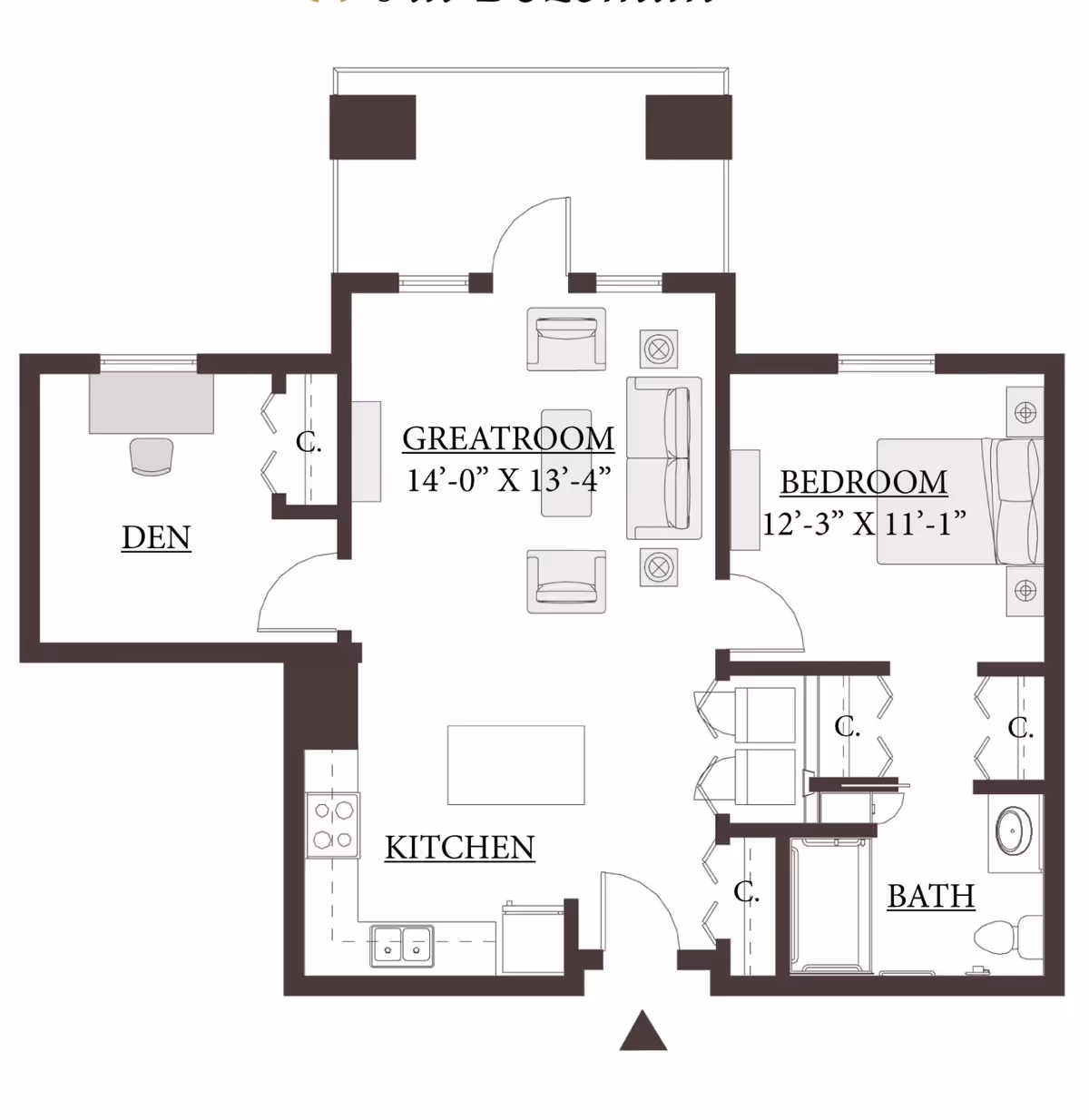 Floor plan of a senior living unit at The Springs at Bozeman showing a den, greatroom, bedroom, kitchen, and bathroom with dimensions and furniture layout.