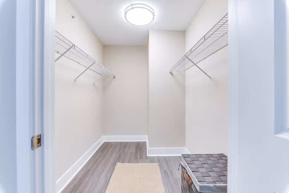 Empty walk-in closet with white walls, two wire shelves on either side, a small beige rug on the floor, and a woven storage basket in the corner under the right shelf. The closet has wood-look flooring and a round ceiling light.