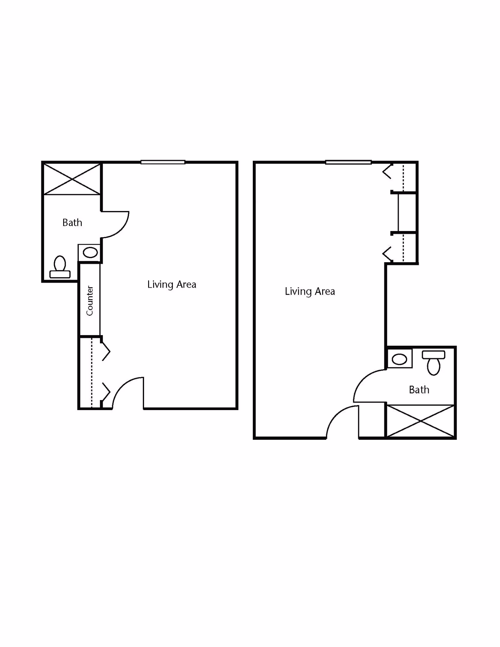Architectural floor plan showing two layouts with labeled living areas and bathrooms. Each layout includes a living area and a bathroom with fixtures such as a toilet and sink. One layout also shows a counter space.