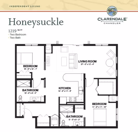 Floor plan of the Honeysuckle independent living unit at Clarendale of Chandler, showing a layout with two bedrooms, two bathrooms, a kitchen, and a living room. The plan includes dimensions for each room and furniture placement.