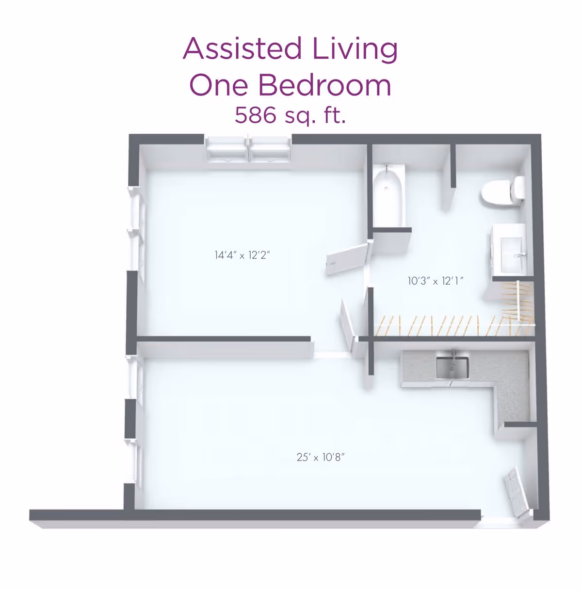 Floor plan of an assisted living one-bedroom apartment measuring 586 square feet, showing a bedroom, bathroom, and combined living and kitchen area with dimensions labeled.