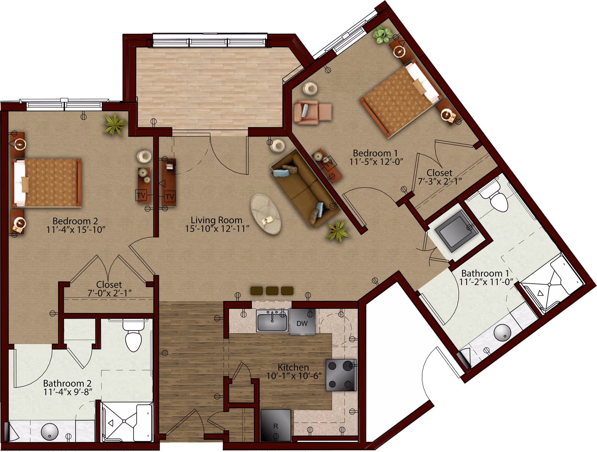 Floor plan of a residential unit at Harmony at Avon showing two bedrooms, two bathrooms, a living room, a kitchen, and closets. Bedroom 1 measures 11 feet 5 inches by 12 feet, Bedroom 2 measures 11 feet 4 inches by 15 feet 10 inches. Bathroom 1 and Bathroom 2 are adjacent to the bedrooms. The living room is centrally located and measures 15 feet 10 inches by 12 feet 11 inches. The kitchen is 10 feet 1 inch by 10 feet 6 inches with appliances and counters shown.