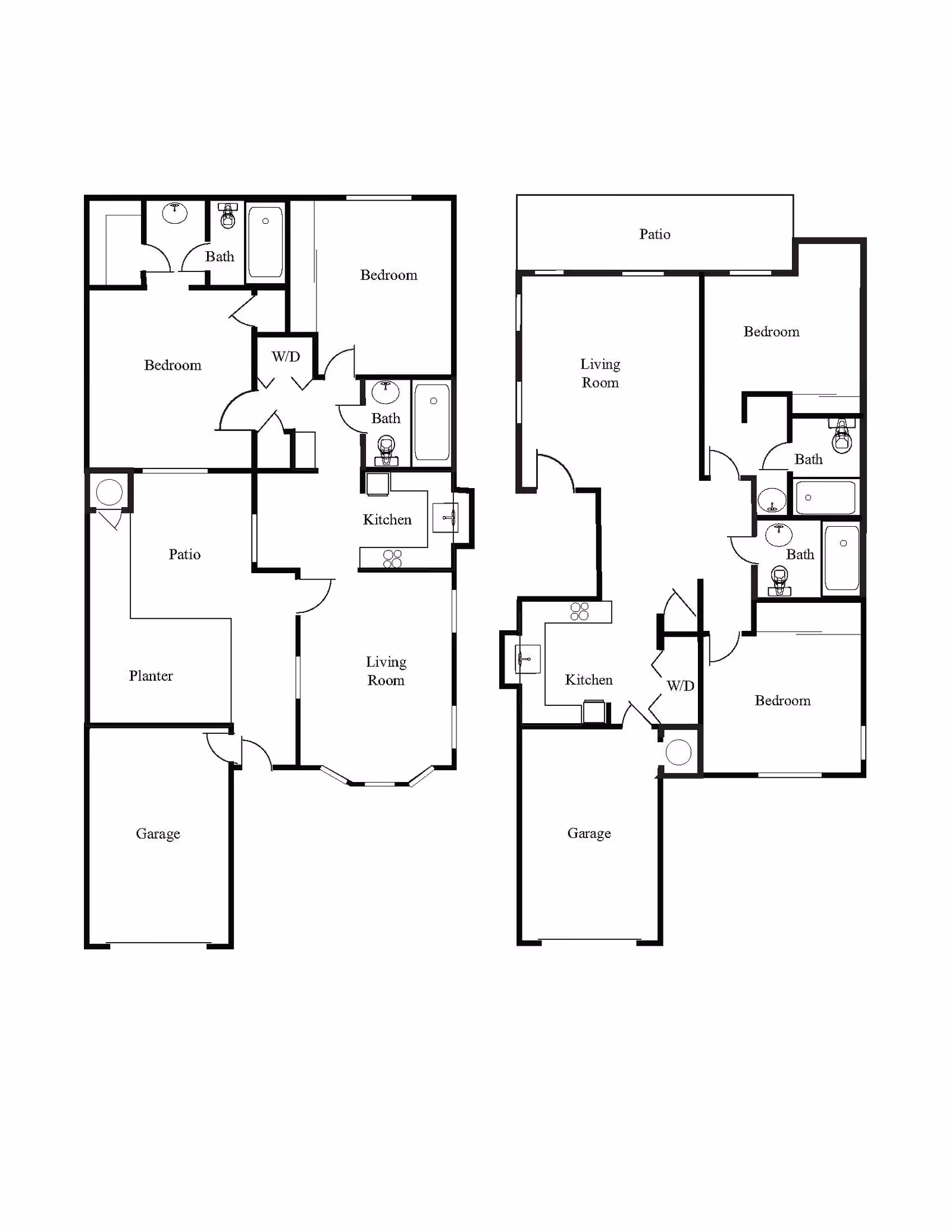 Architectural floor plan showing two separate residential units, each with bedrooms, bathrooms, kitchens, living rooms, patios, garages, and washer/dryer areas.