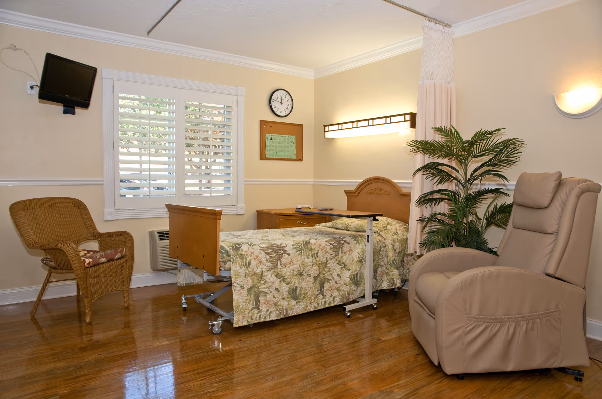 A private senior care bedroom with a hospital-style bed, reclining chair, wicker chair, wall-mounted TV and potted plant.