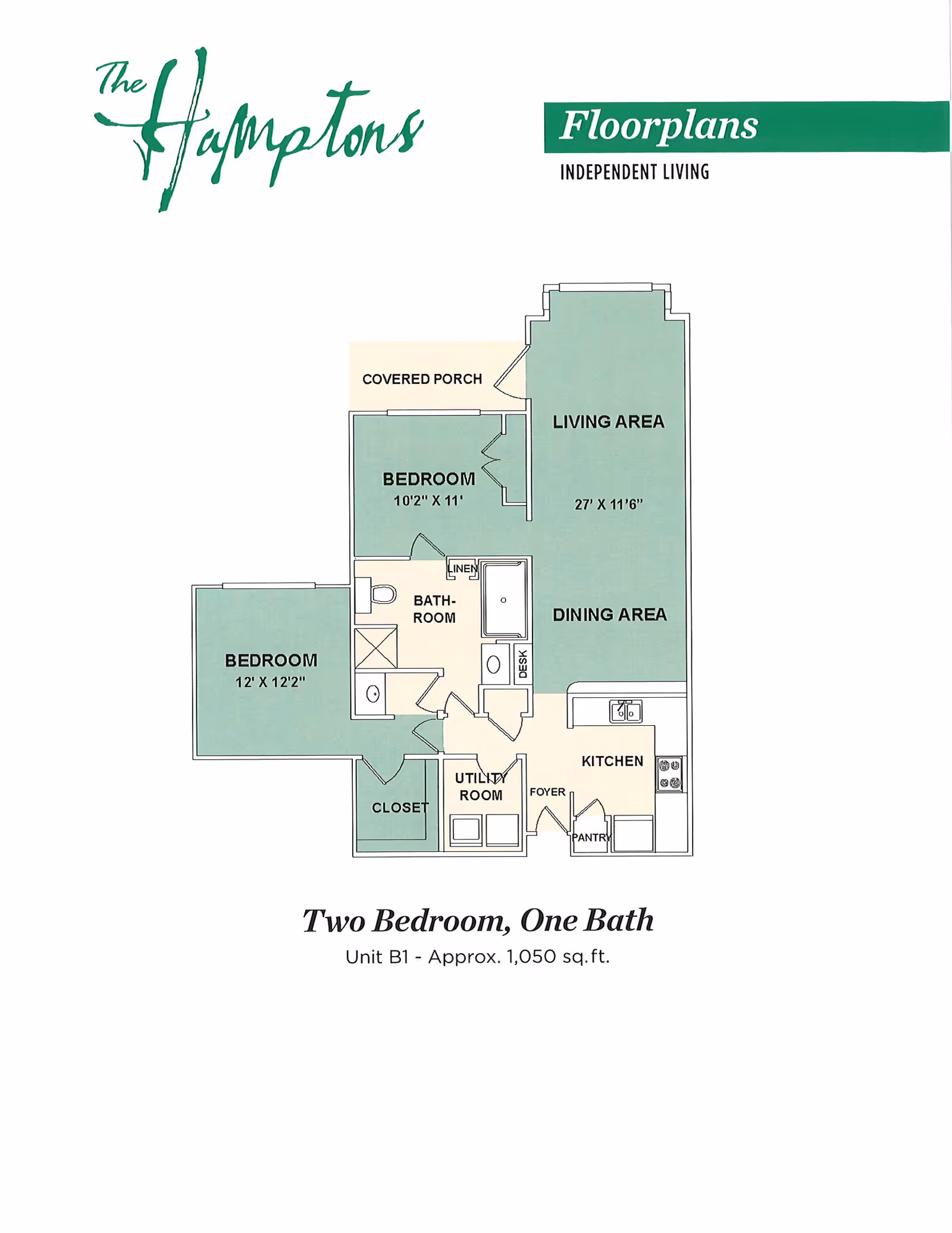 Floor plan of The Hamptons at Greenridge Independent Living Unit B1, showing a two-bedroom, one-bath apartment with a covered porch, living area, dining area, kitchen, utility room, closet, and foyer. The bedrooms measure 10'2" x 11' and 12' x 12'2" respectively. The living area measures 27' x 11'6".