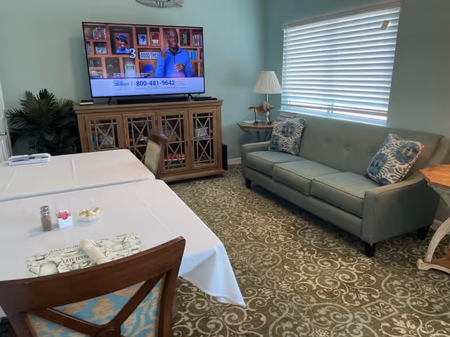 A cozy living room area with a green sofa adorned with two patterned pillows, a wooden side table with a lamp, and a large window with white blinds. Across from the sofa is a wooden cabinet with a flat-screen TV on top displaying a man speaking with a phone number and text at the bottom. In the foreground, there are two tables covered with white tablecloths and wooden chairs, with some small items like a salt shaker and a small bowl on the table. The room has a patterned carpet and light green walls.