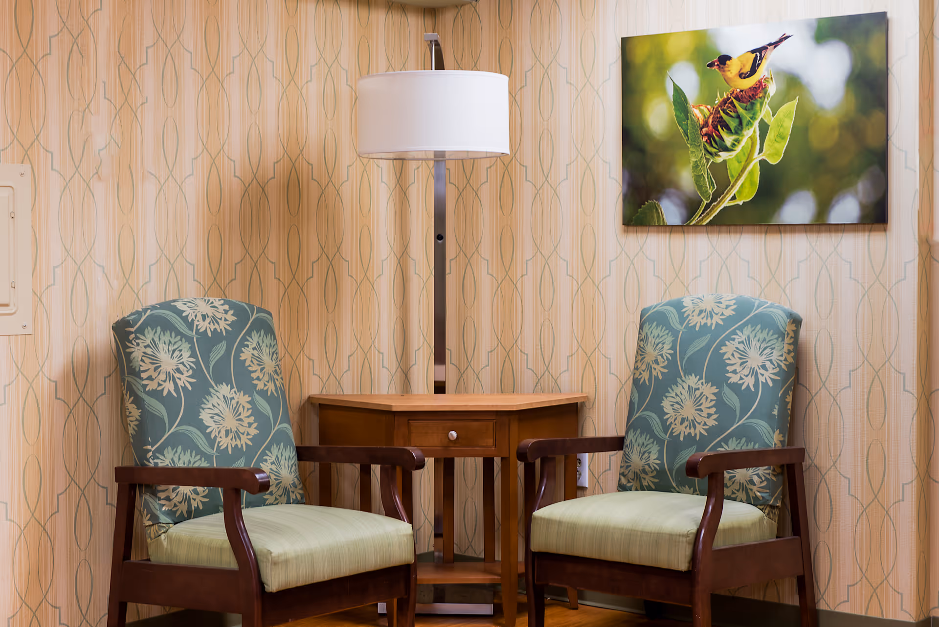 A cozy seating area with two patterned chairs and a small table, illuminated by a floor lamp.