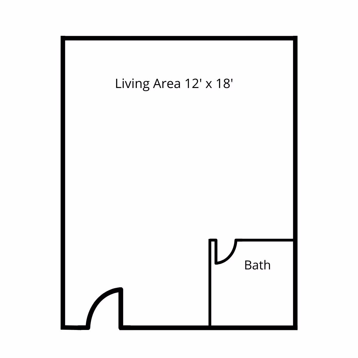 Simple floor plan showing a living area measuring 12 feet by 18 feet with an attached bathroom.