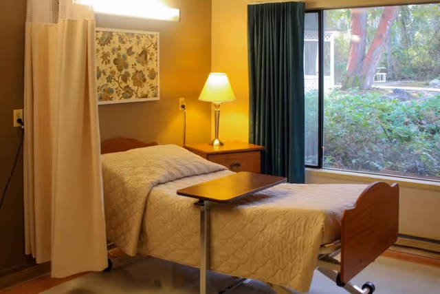 A single hospital-style bed with a beige quilted blanket and an overbed table in a room with a nightstand and lamp beside the bed. A large window with green curtains shows a view of trees and bushes outside. A privacy curtain is partially drawn around the bed.