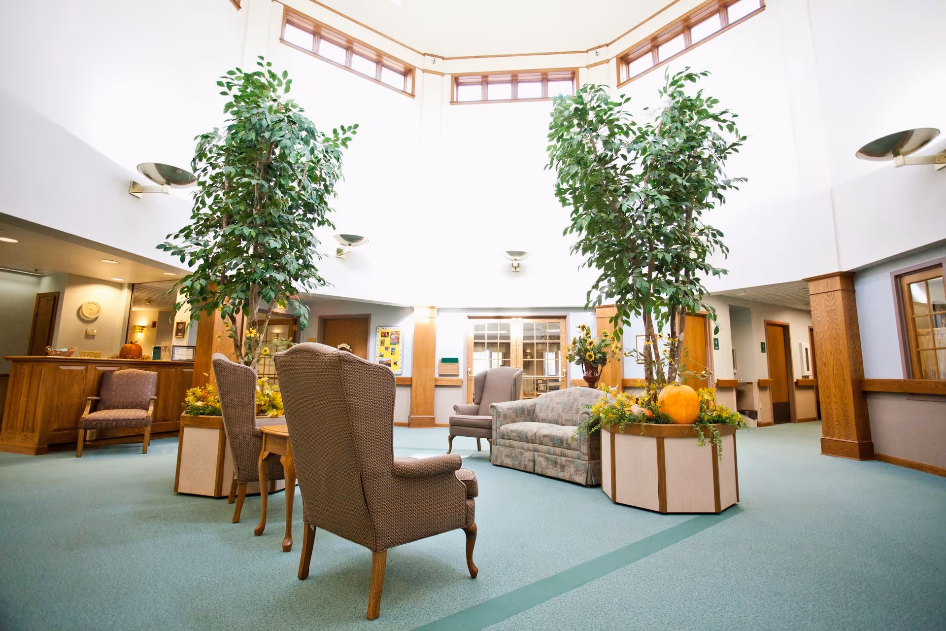 A bright and spacious common area in a senior living facility with high ceilings and large windows near the ceiling. The room features comfortable upholstered chairs and a sofa arranged around two large planters with tall green plants and seasonal decorations including a pumpkin. The walls are white with wood paneling accents, and there is a reception desk visible on the left side.