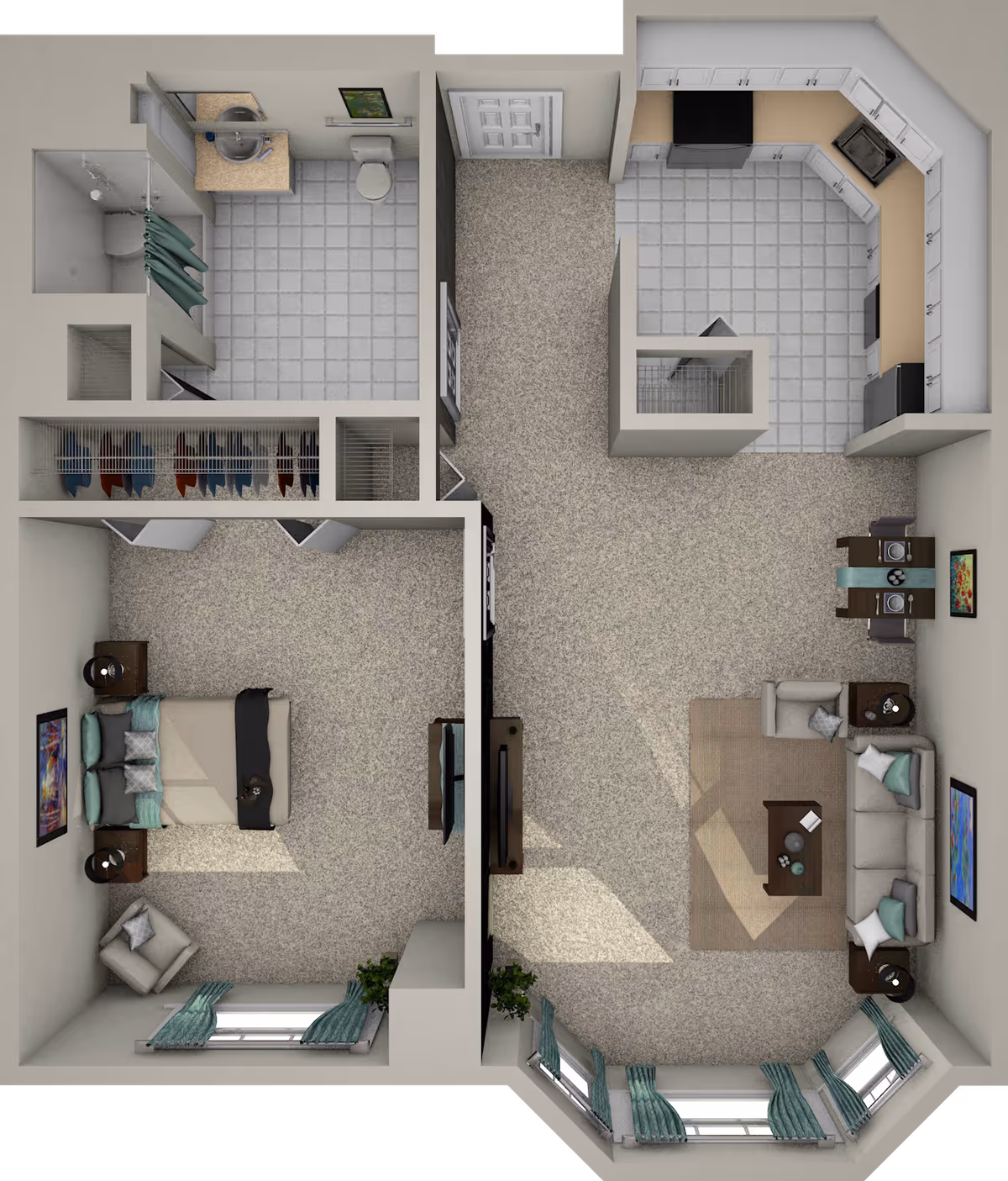 Top-down view of a one-bedroom apartment floor plan featuring a bedroom with a bed, nightstands, and a chair; a bathroom with a shower, sink, and toilet; a kitchen with appliances and cabinetry; and a living room with a sofa, coffee table, dining table, and windows with curtains.