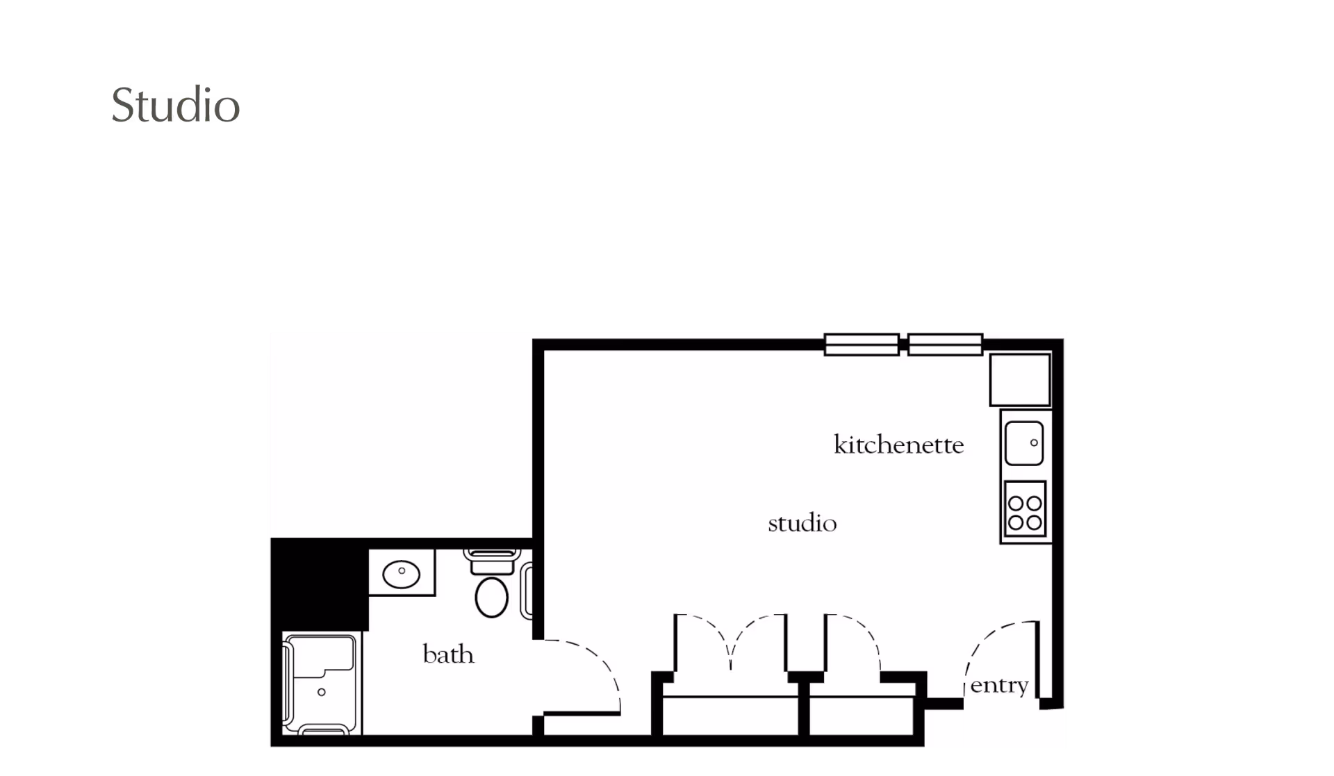 Black-and-white floor plan of a studio apartment showing a kitchenette, main studio area, bathroom, and entry.