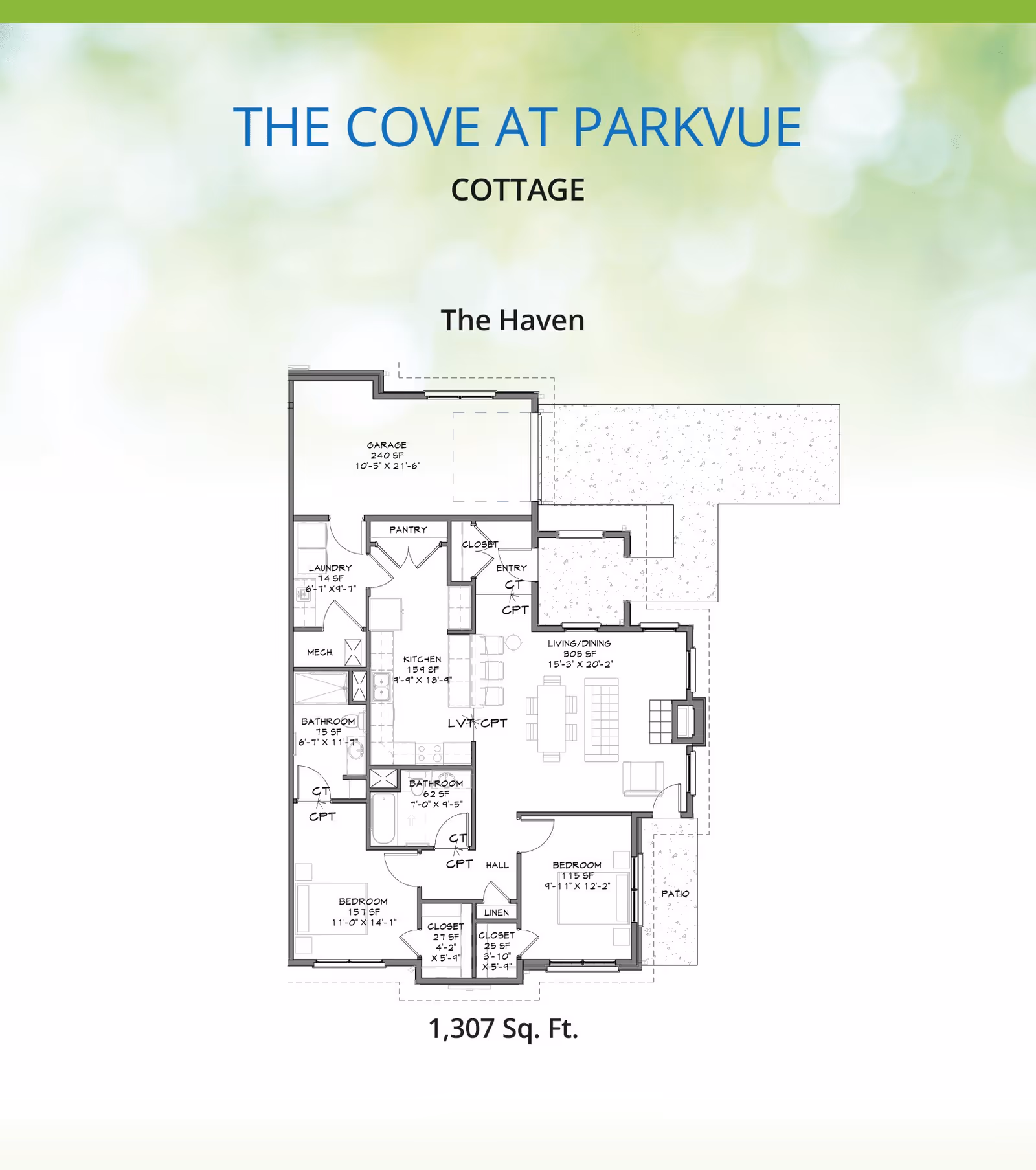 Architectural floor plan of a cottage named The Haven at The Cove at Parkvue, showing layout of rooms including garage, laundry, pantry, kitchen, living/dining area, two bedrooms, two bathrooms, closets, linen, hall, entry, and patio, with total area of 1,307 square feet.